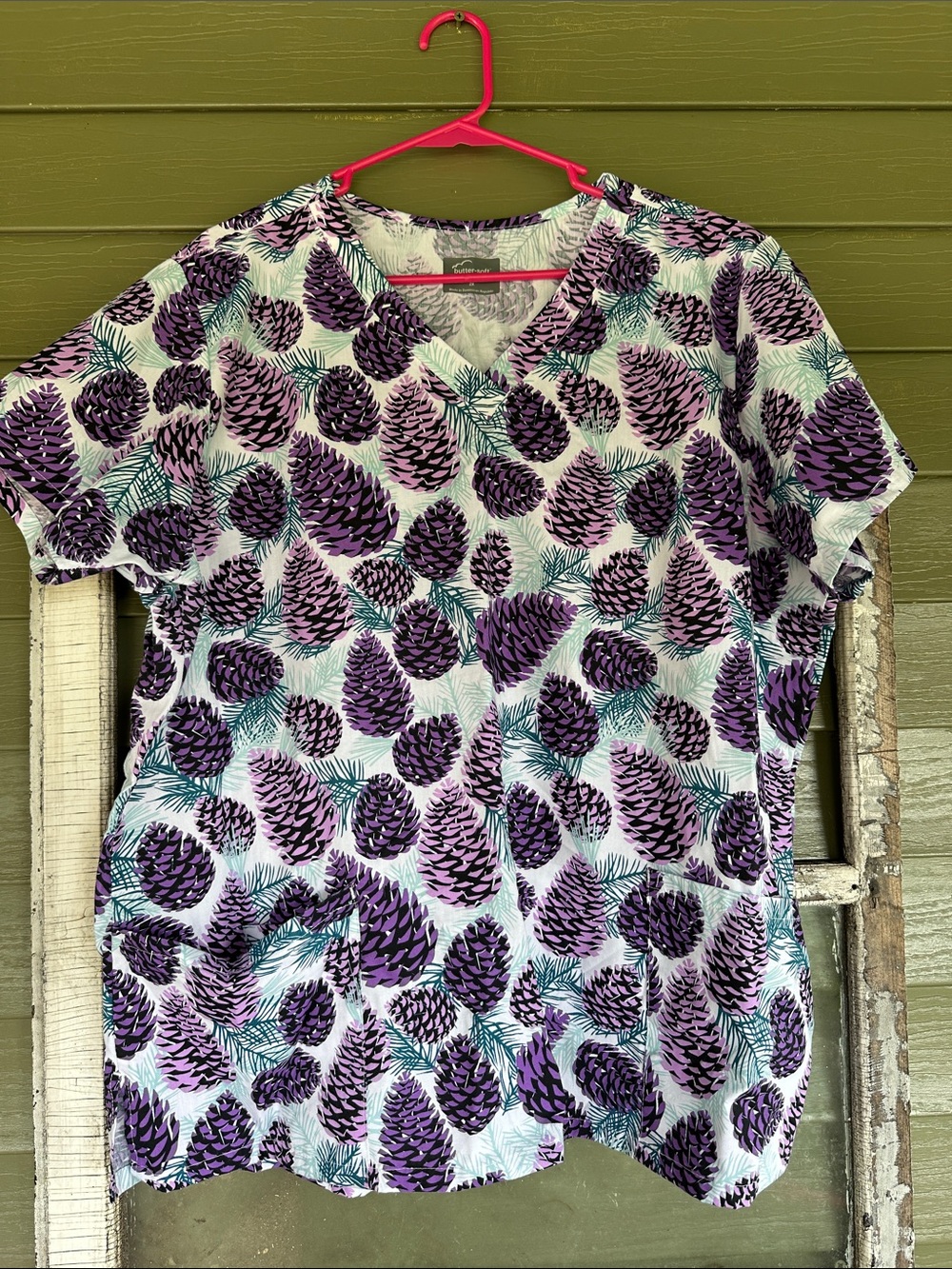 Women’s Butter Soft V-Neck Short Sleeve Scrub Top in Purple Pinecone Print